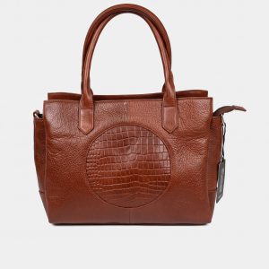 Elegant Brown Pebbled Handbag with Croc-Embossed Accent