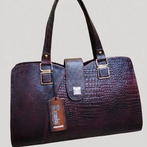 Elegant Dual-Texture Croc-Embossed Leather Satchel with Gold-Tone Accents