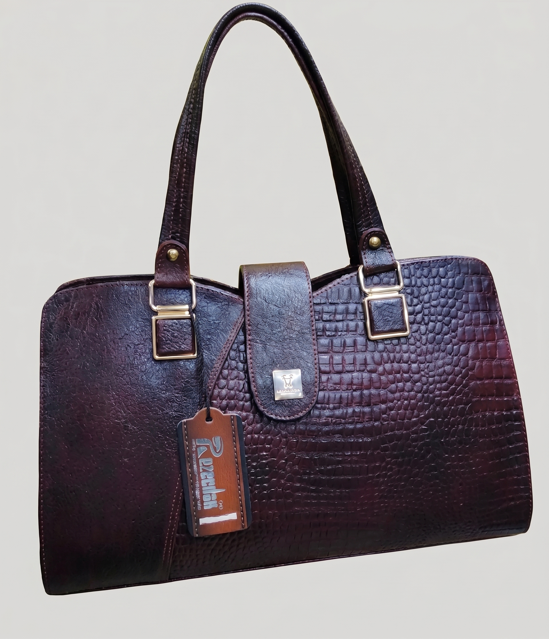 Elegant Dual-Texture Croc-Embossed Leather Satchel with Gold-Tone Accents